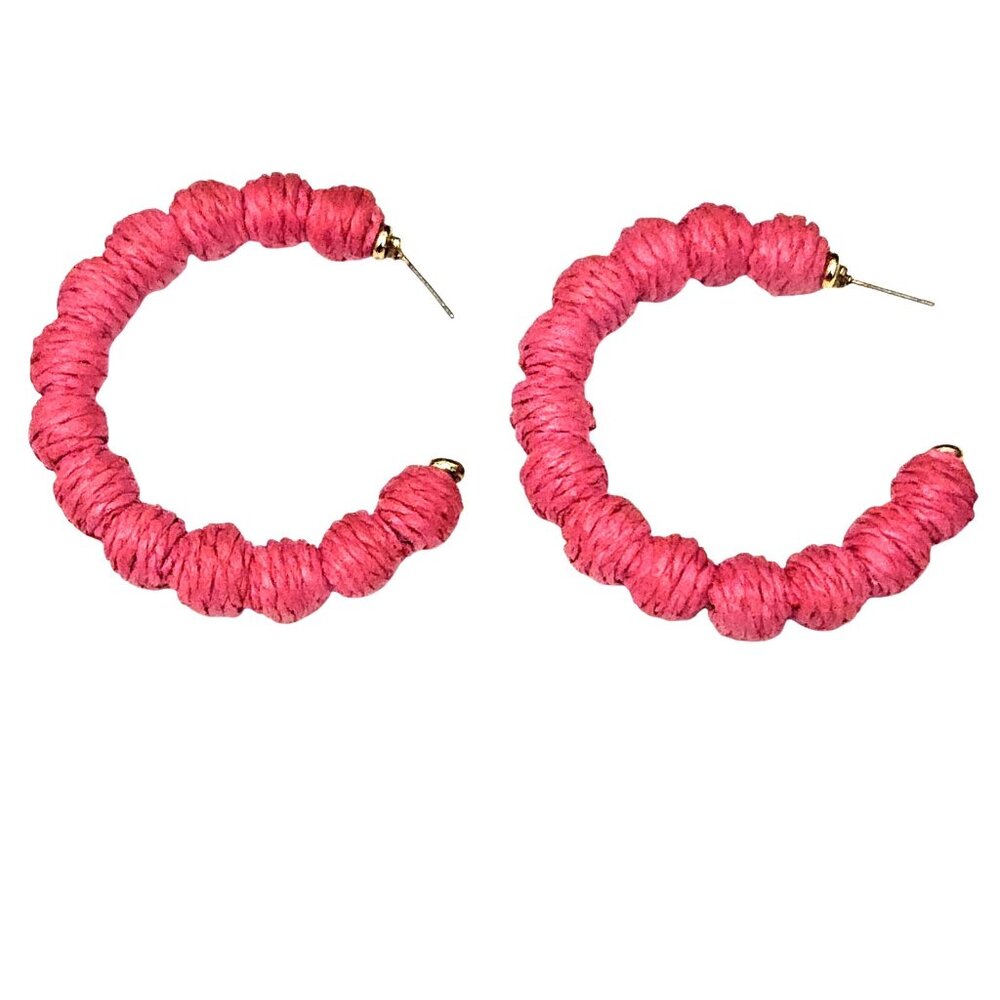Dark Pink Wrapped Raffia Boho Hoop Statement Pierced Earrings